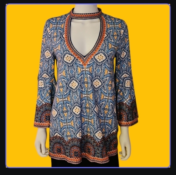 NITT BY FLYING TOMATO Boho Tribal Floral Choker Bell Sleeve V-Neck Blouse - Picture 1 of 8